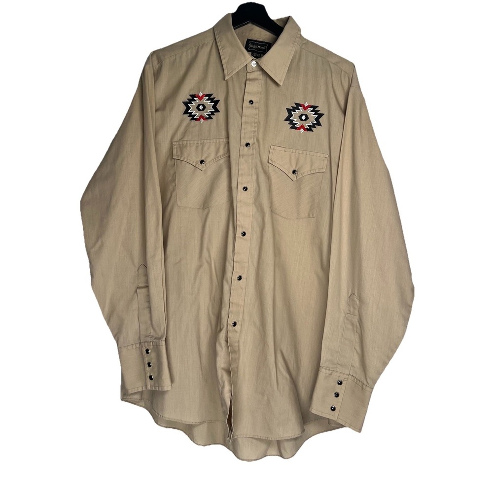 High Noon Mens Western Pearl Snap Shirt Tan Aztec Embroidered Long Sleeve Large